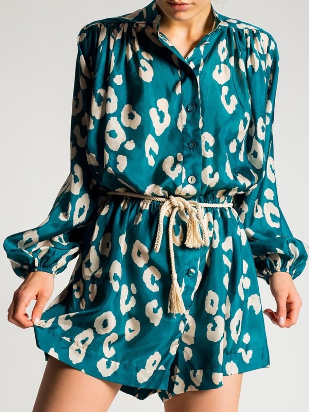 ZIMMERMANN Shelly Teal Leopard Silk Billow Playsuit Romper - Size 0 (US 4-6)